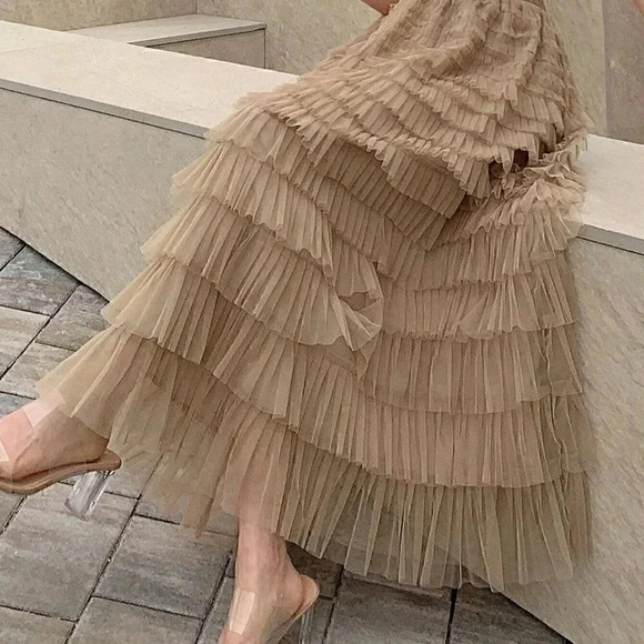 Khaki Boho Womens Solid Layer Ruffle Hem Mesh Skirt - Picture 2 of 5